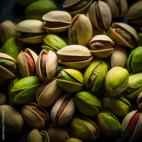 Background of pistachio nuts, displaying their textured surface. Top view