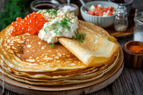 A stack of blini, Russian pancakes, served with an assortment of sweet and savory toppings