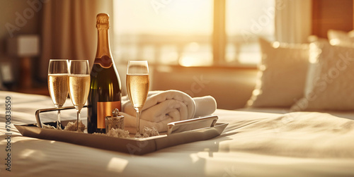 Luxury hotel room with champagne bottle and glasses for romantic vacation.AI Generative. photo