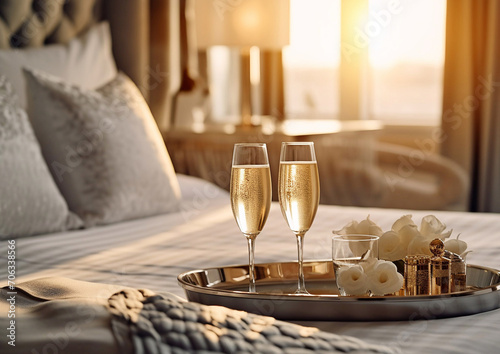 Champagne glasses on tray in luxury hotel room for honeymoon vacation.Maco.AI Generative.