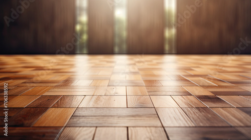 empty room with brown wood parquet wall , wooden floor and spotlight, A bright brown wood parquet room with a warm wooden floor and modern interior © Planetz