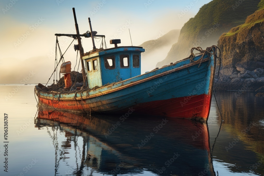 Old fishing boat moored in calm waters at sunrise.