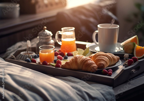 Breakfast in bed in luxury hotel with coffee and croissant with berries and fruits.Macro.AI Generative.