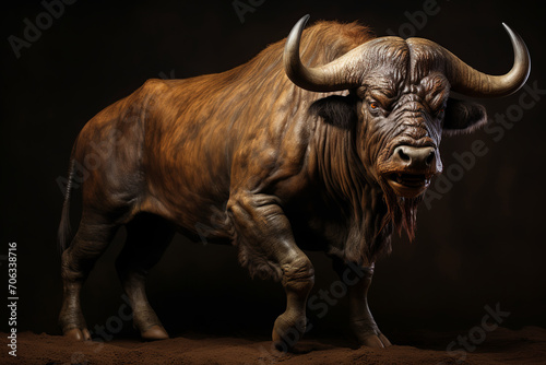 Buffalo with big horns on dark background