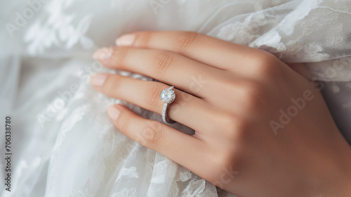 Young bride wearing beautiful engagement ring photo