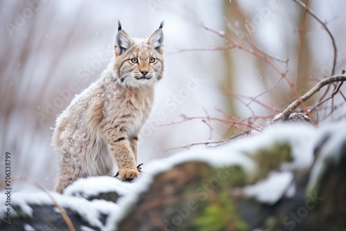 lynx standing alert by frosted shrubs