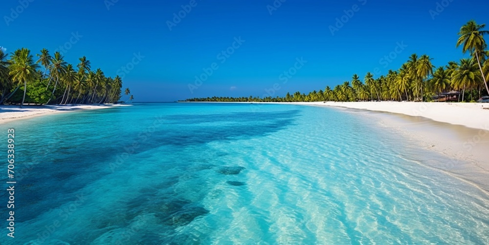 Luxury resort seascape with calm island beach with palms and blue ocean.Landscape.AI Generative. - obrazy, fototapety, plakaty 