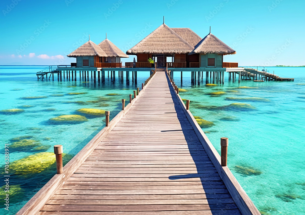 Wooden house with bridge in blue calm ocean lagoon on luxury caribbean ressort.Macro.AI Generative.