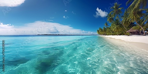 Luxury resort seascape with calm island beach with palms and blue ocean.Landscape.AI Generative.