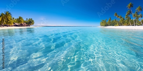 Luxury resort seascape with calm island beach with palms and blue ocean.Landscape.AI Generative.