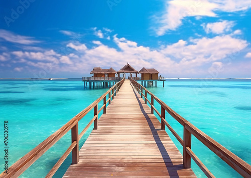 Wooden house with bridge in blue calm ocean lagoon on luxury caribbean ressort.Macro.AI Generative. © DenisMArt