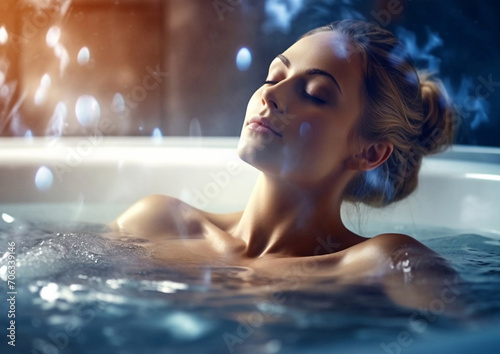 Young woman in jacuzzi relaxing and enjoying spa treatment.Macro.AI Generative.