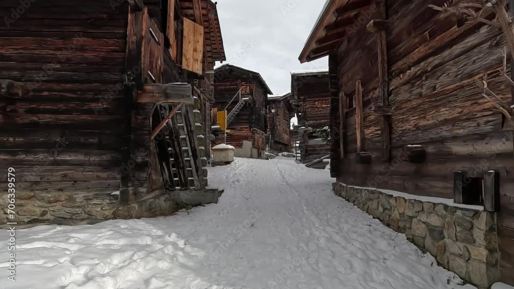 Bellwald, an old Swiss village in winter with snow. Old huts and cabins on the alp Bellwald, an old Swiss village in winter with snow. Old huts and cabins on the alp