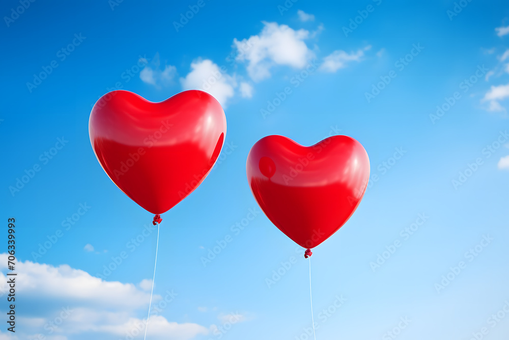 Red heart shaped balloons floating in the blue sky