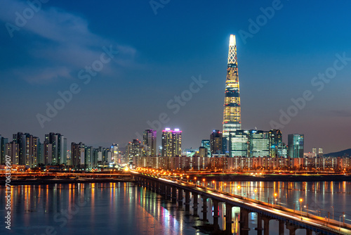 city skyline at night, Seoul, South Korea.