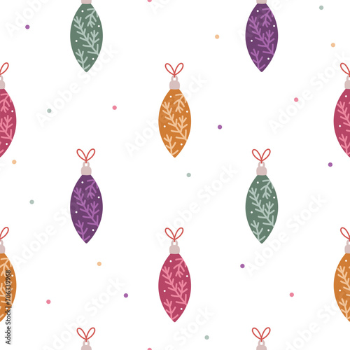 Christmas tree ornaments cute seamless pattern. Vector hand drawn background for wrapping paper, packaging, fabric, wallpaper, textile, apparel.