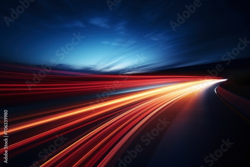 Long exposure of road with red and blue light trails of passing vehicles at night