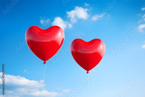 Red heart shaped balloons floating in the blue sky