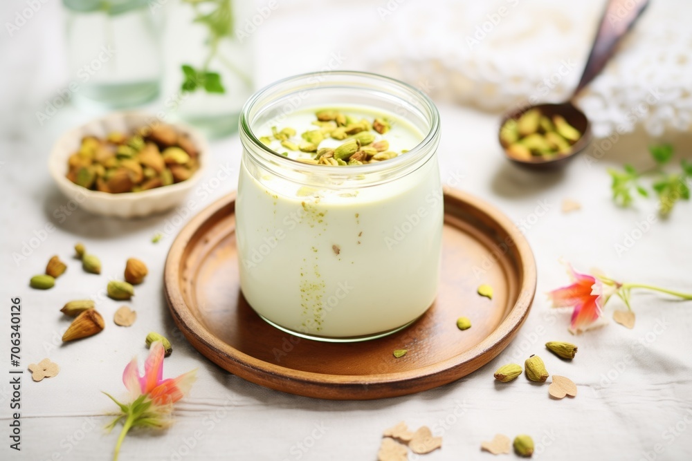 homemade pistachio milk with mortar and pistachios homemade pistachio milk with mortar and pistachios