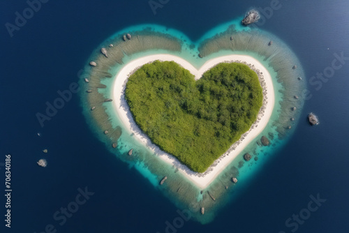 Aerial top view of a heart spahed island in the middle of the sea