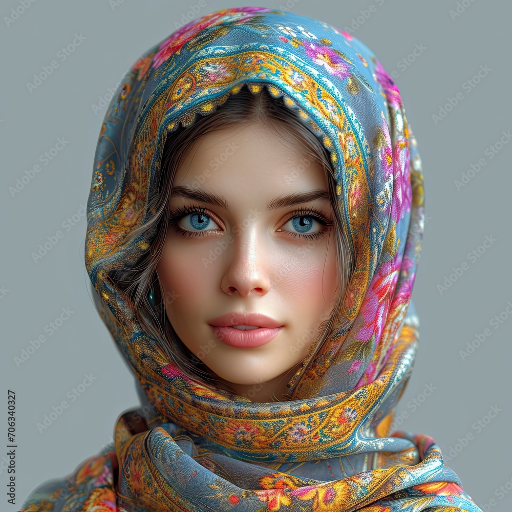 Woman Traditional Colored Russian Headscarf Holds, White Background, Illustrations Images Woman Traditional Colored Russian Headscarf Holds, White Background, Illustrations Images