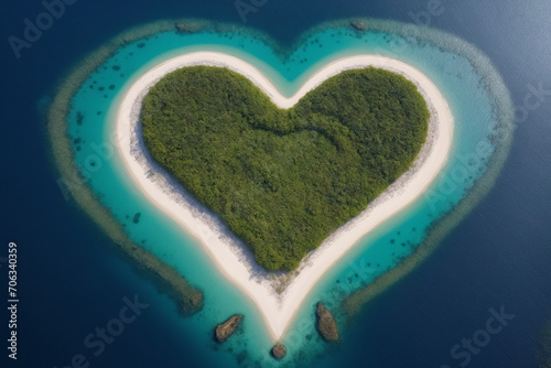 Aerial top view of a heart spahed island in the middle of the sea