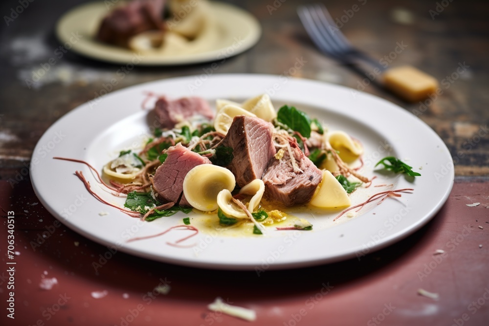 half-eaten plate of orecchiette showcasing inside texture