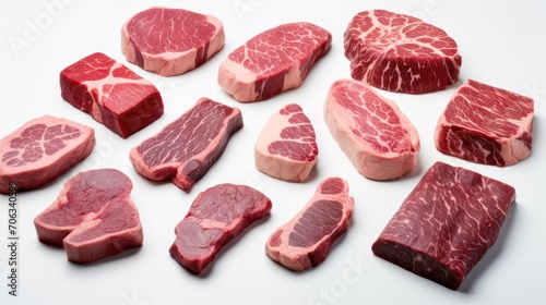 Fresh raw sirloin Meat Slices arranged in a row on a white table background