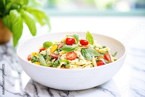 pasta salad in a white bowl, topped with cherry tomatoes and basil leaves