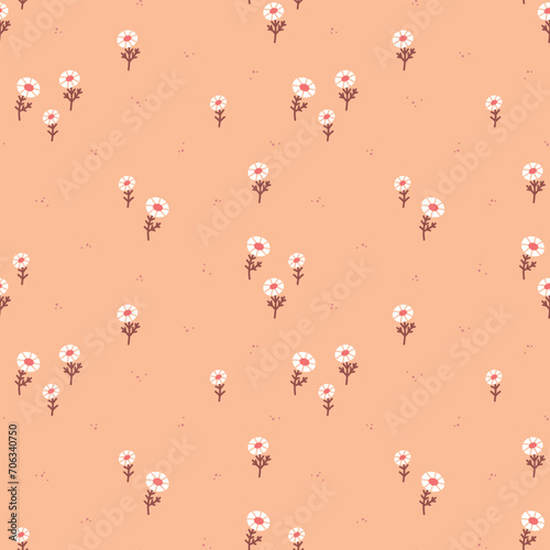 Daisy flowers seamless vector pattern. Color trend 2024 Peach Fuzz floral texture. Сute hand drawn background for wrapping paper, apparel, gift, fabric, textile, wallpaper, wrapping paper, packaging.