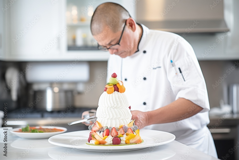 chef adding final touches to a pavlova in a kitchen chef adding final touches to a pavlova in a kitchen