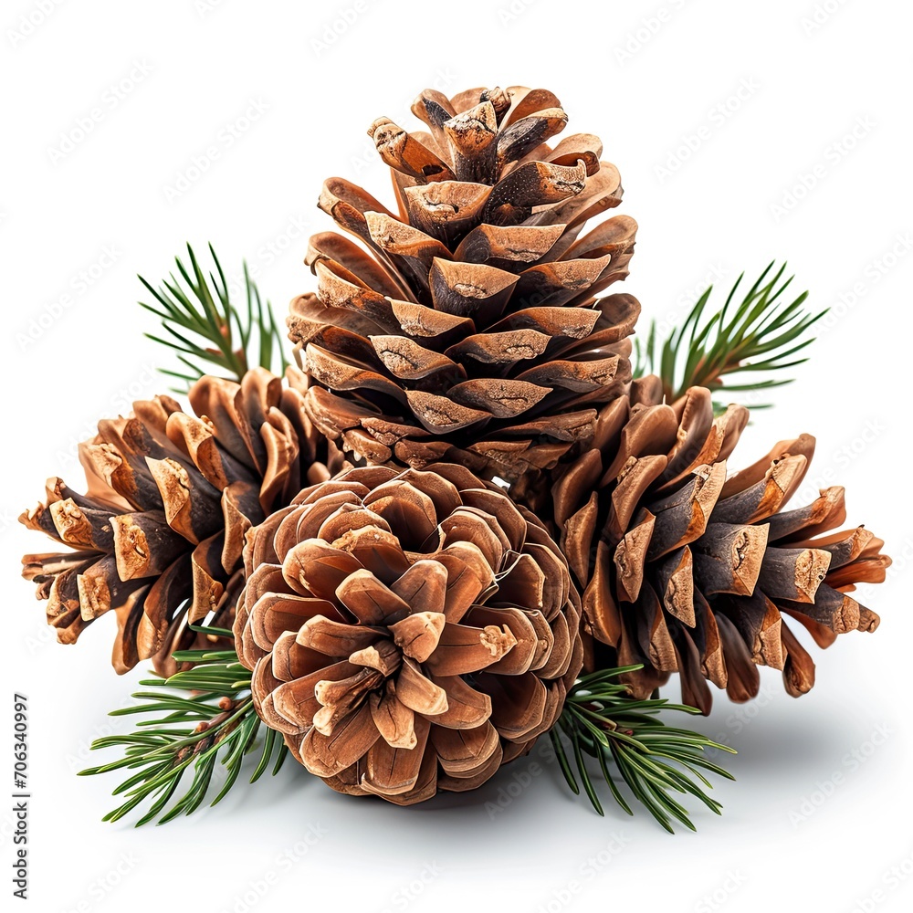 Fototapeta premium Young Pine Cones On Table Cedar, White Background, Illustrations Images