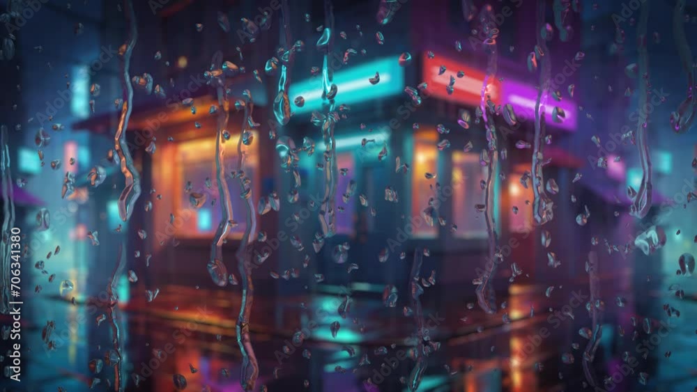 The view of the street with neon lights seen through the raindrops hitting the window