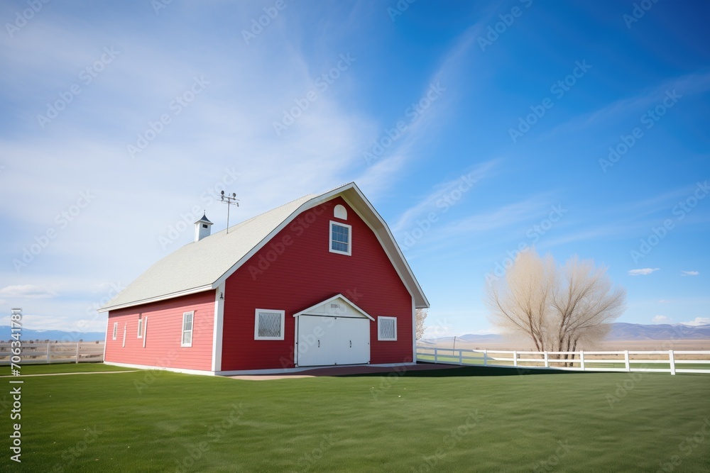 red barn with white trim on a sunny day