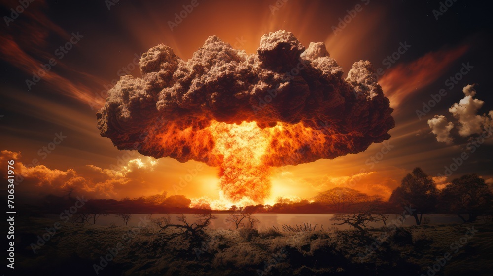 Obraz na płótnie Enormity of a mushroom cloud nuclear explosion, apocalypse war illustration. w salonie