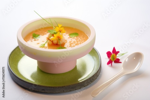 gazpacho served in a chilled bowl with a cucumber slice on the rim