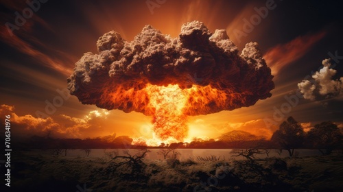 Enormity of a mushroom cloud nuclear explosion, apocalypse war illustration.