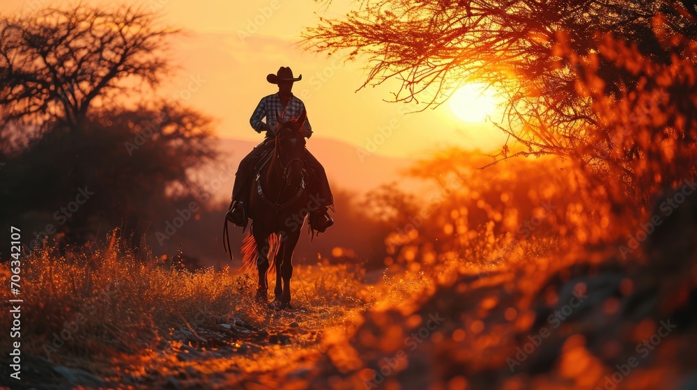 Cowboy Riding Horse at Sunset in Countryside Silhouette