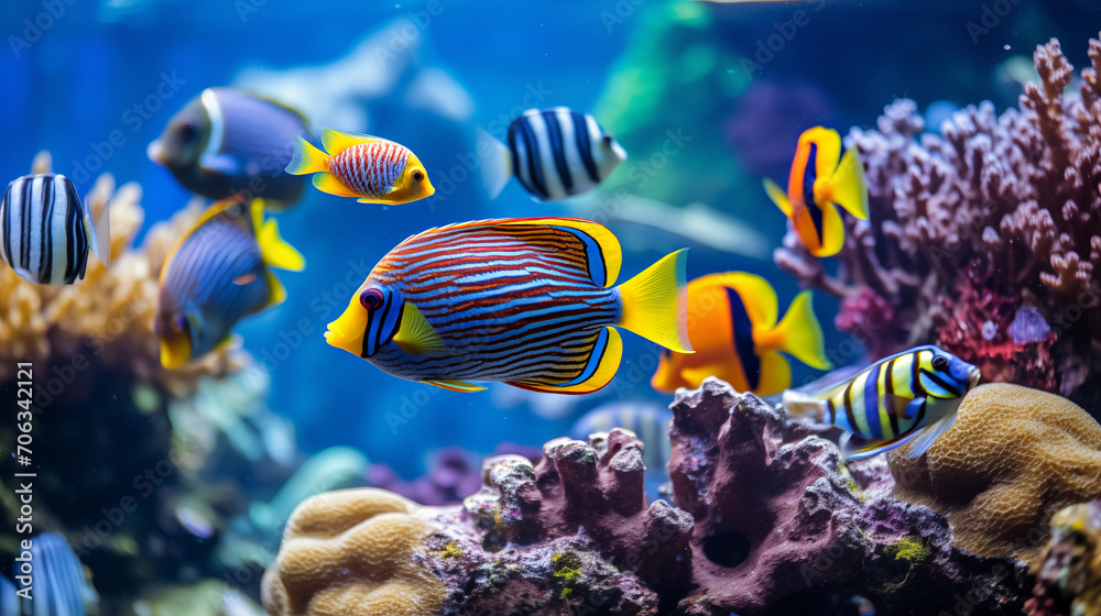 Obraz premium Tropical sea fishes with corals in aquarium. Colorful wildlife marine panorama.