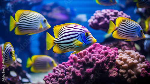 Tropical sea fishes with corals in aquarium. Colorful wildlife marine panorama.