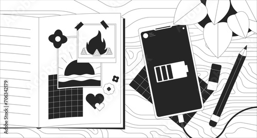 Travel journal near smartphone charging black and white lofi wallpaper. Diary memories tabletop wooden 2D outline cartoon flat illustration. Dreamy vibes vector line lo fi aesthetic background