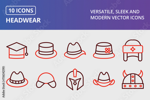 Headwear Thick Line Two Colors Icons Set