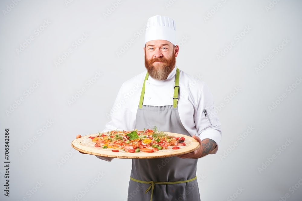 portrait of a chef presenting a freshly prepared raw pizza portrait of a chef presenting a freshly prepared raw pizza