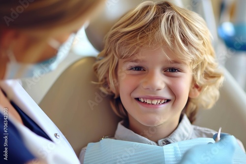 A smiling young blond boy in a dental chair. Examination by a dentist photo