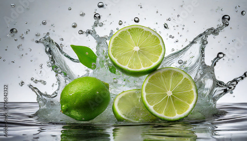 Green lemon slices in water splash  with white background