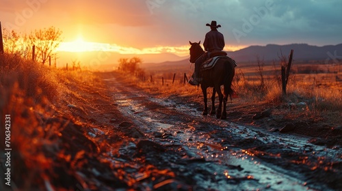 Cowboy Riding Horse at Sunset in Countryside Silhouette © _veiksme_