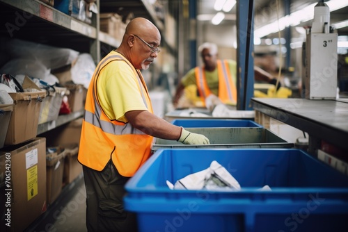 warehouse worker sorting through return bins