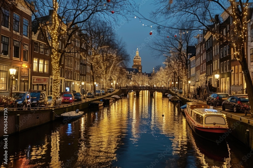 A picturesque canal flowing through the city with a majestic clock tower in the background. This image can be used to depict urban beauty and architectural landmarks