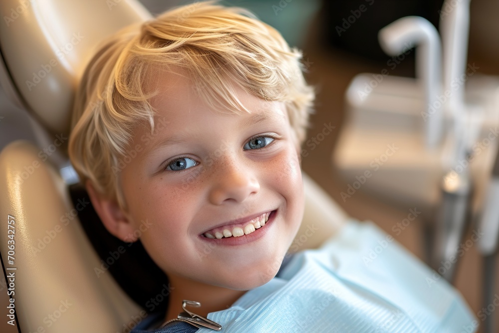 A smiling young blond boy in a dental chair. Examination by a dentist A smiling young blond boy in a dental chair. Examination by a dentist