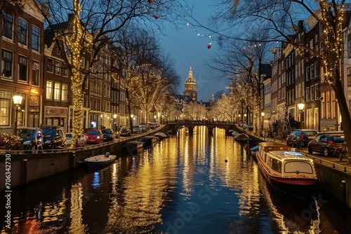 A picturesque canal flowing through the city with a majestic clock tower in the background. This image can be used to depict urban beauty and architectural landmarks